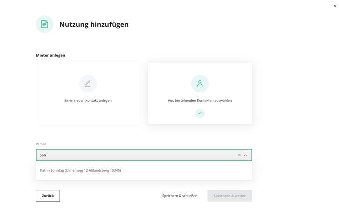 Nutzung hinzufügen Kontakt Mieter anlegen